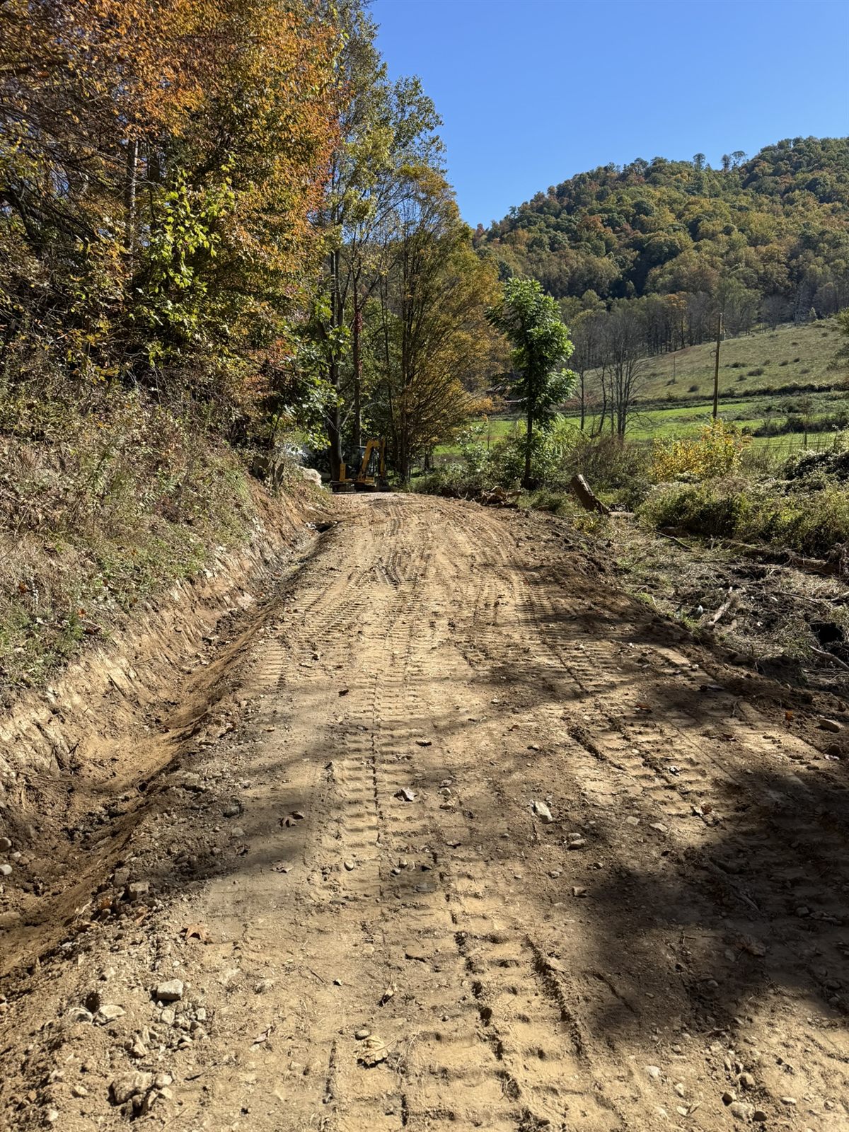 Freshly graded dirt driveway climbing through fall woods in Western NC
