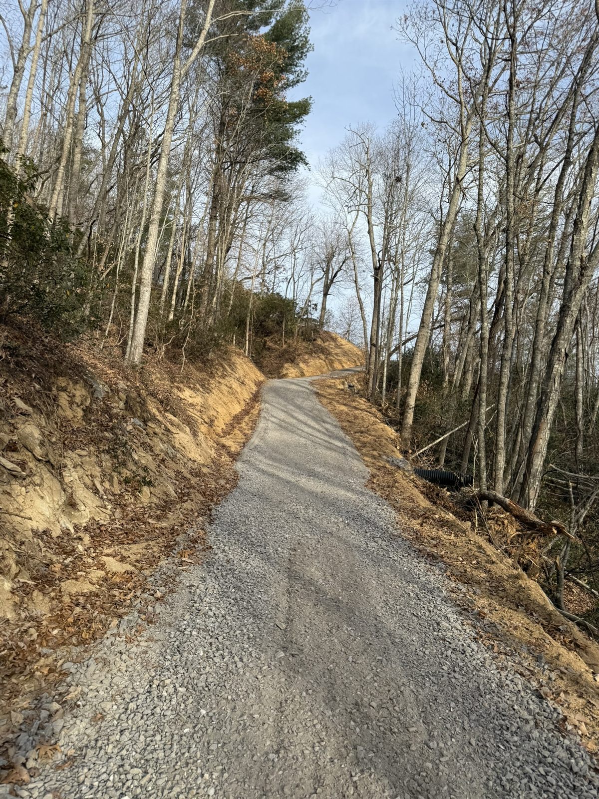 Finished gravel access road cut into a wooded WNC mountainside