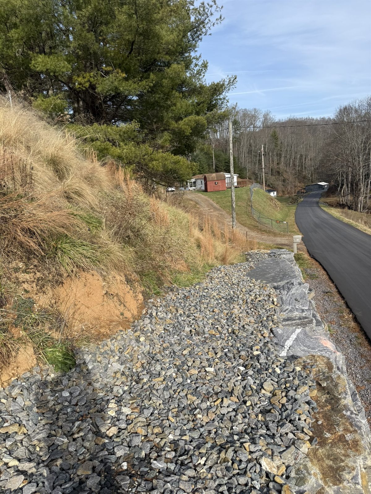Boulder retaining wall with a riprap drainage shoulder along a road, Western NC