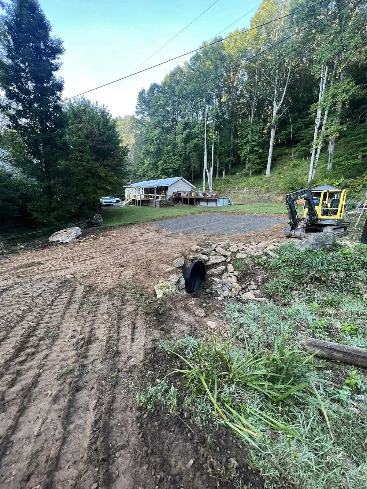 Driveway culvert with rock headwall installed near Burnsville, NC